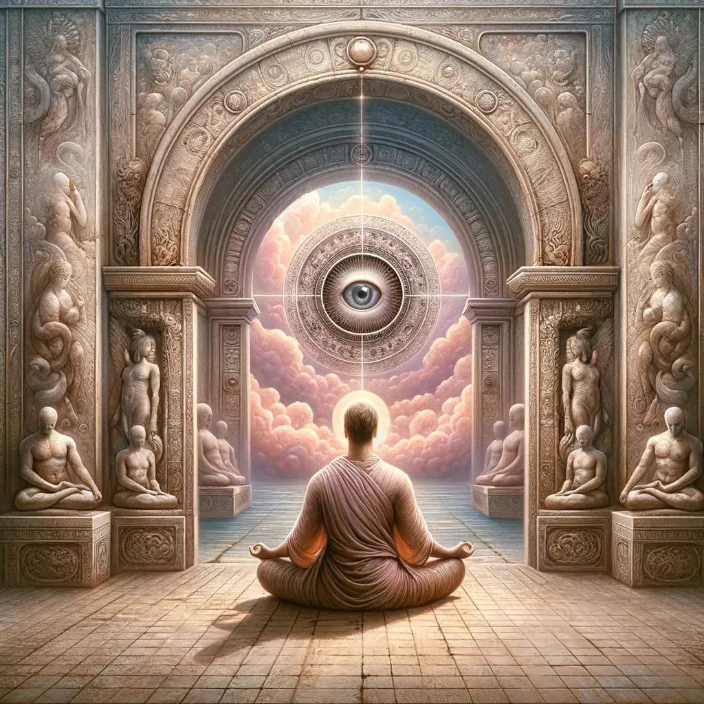 A man meditating in a doorway in front of an eye