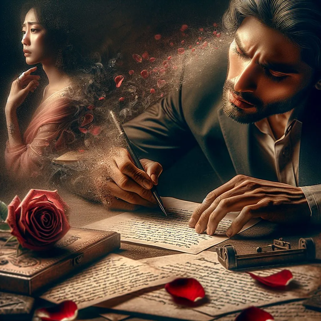 Scene: The man writing the final letter, with intense focus.Characters: The man, the woman in love  in his thoughts.Objects: The final letter, a rose, a small box.Details: Close-up of his face, showing his emotions as he writes his heart out.