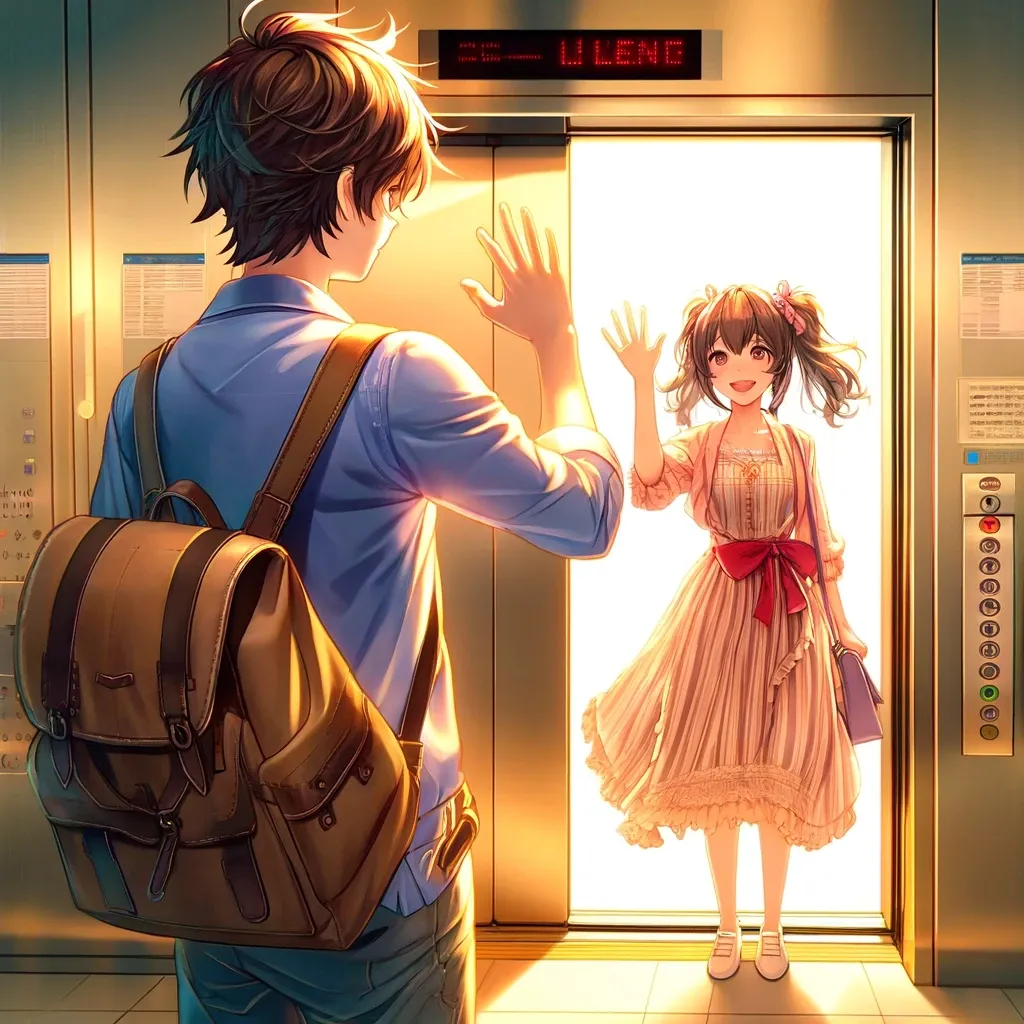 a man and a woman standing in front of an elevator