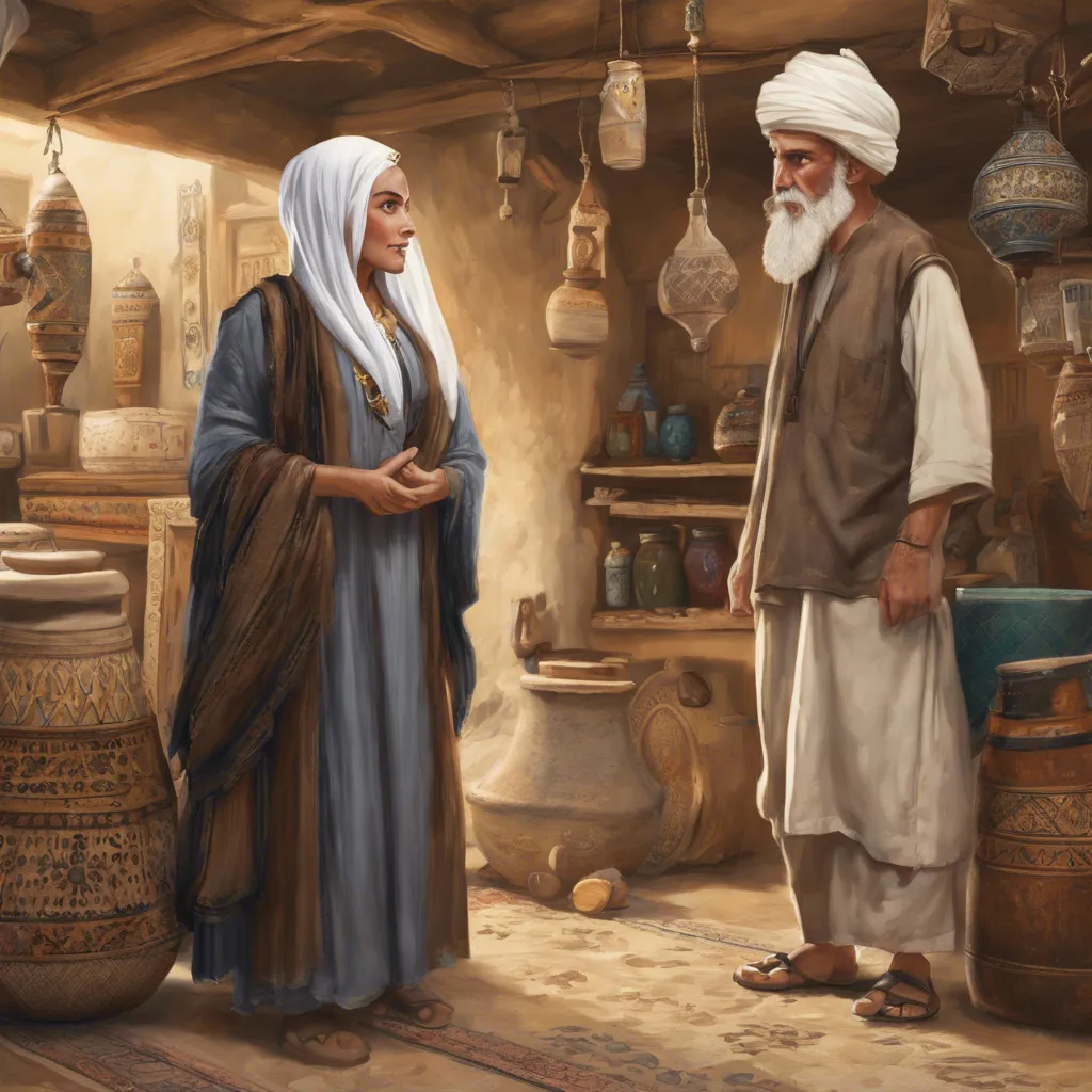 a painting of a man and a woman in a pottery shop