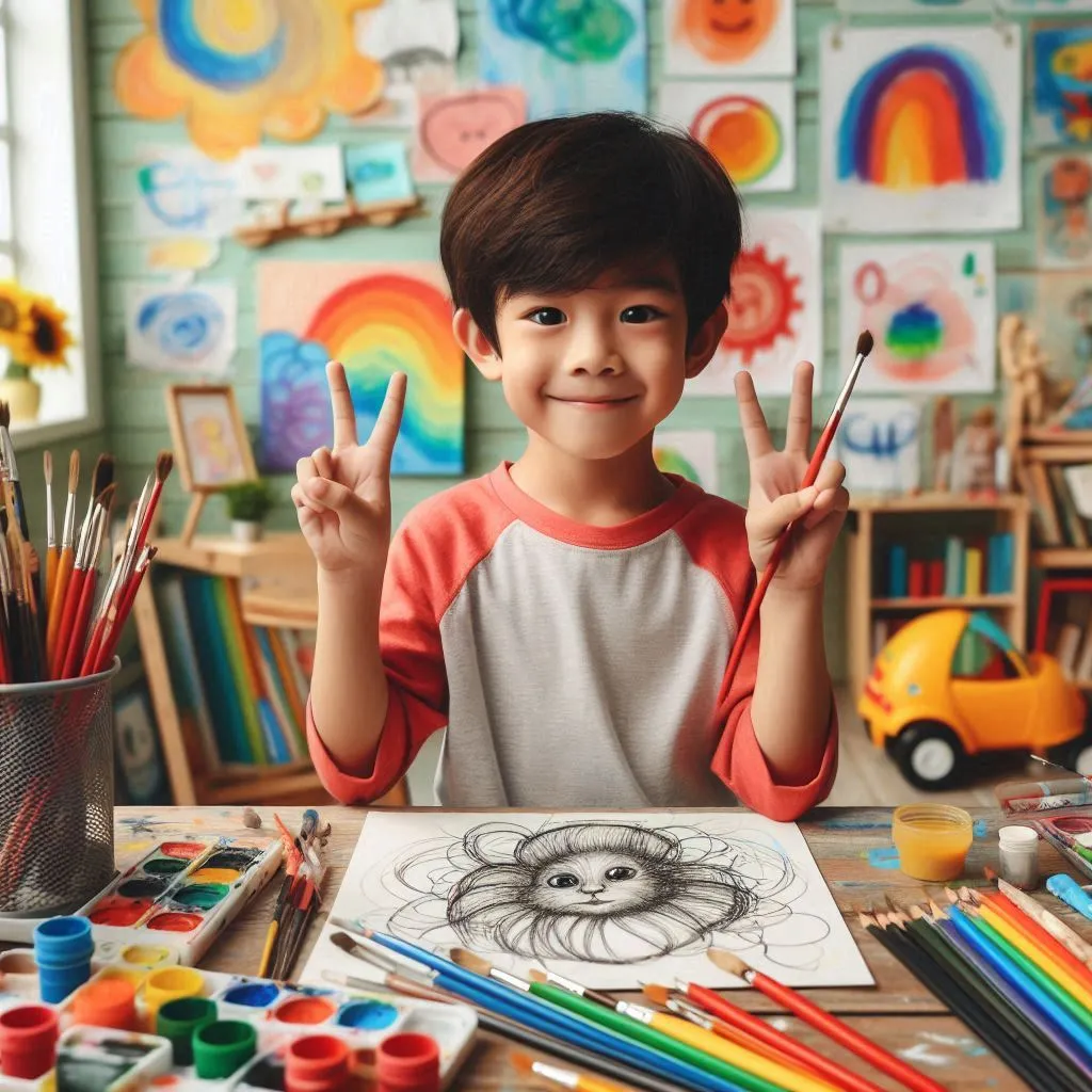 image of child showing his unique artistic talent, such as drawing or painting, using art as a means to express himself.