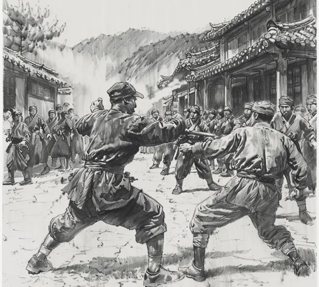 a black and white drawing of two men fighting