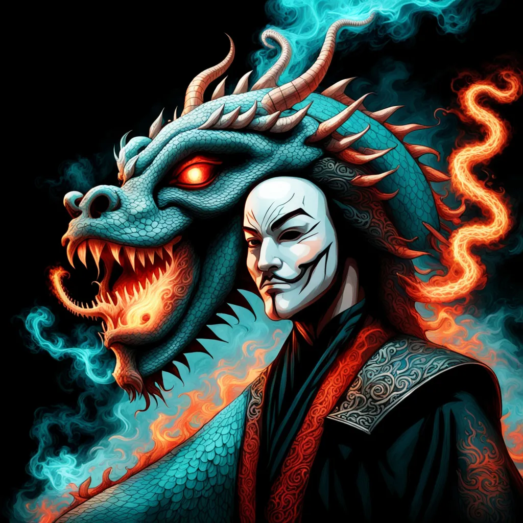 a painting of a man with a dragon head