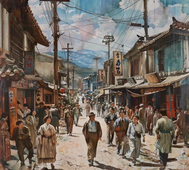 a painting of people walking down a street