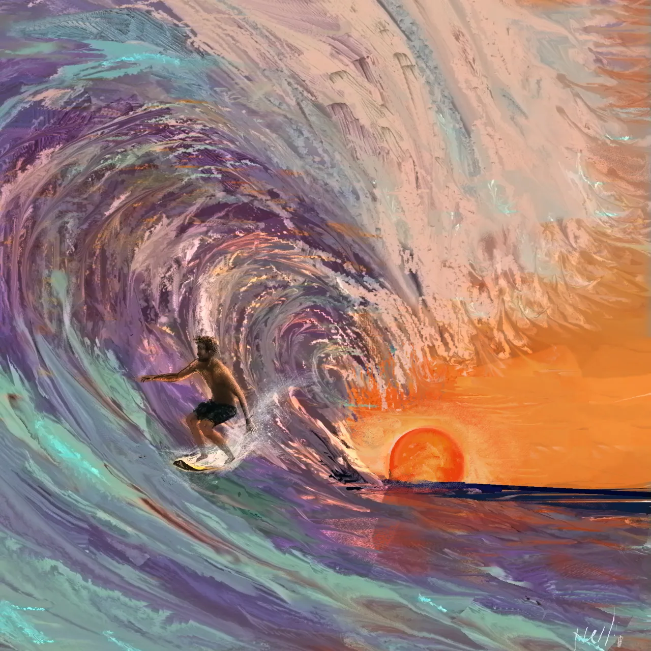 a painting of a surfer riding a large wave, surfing