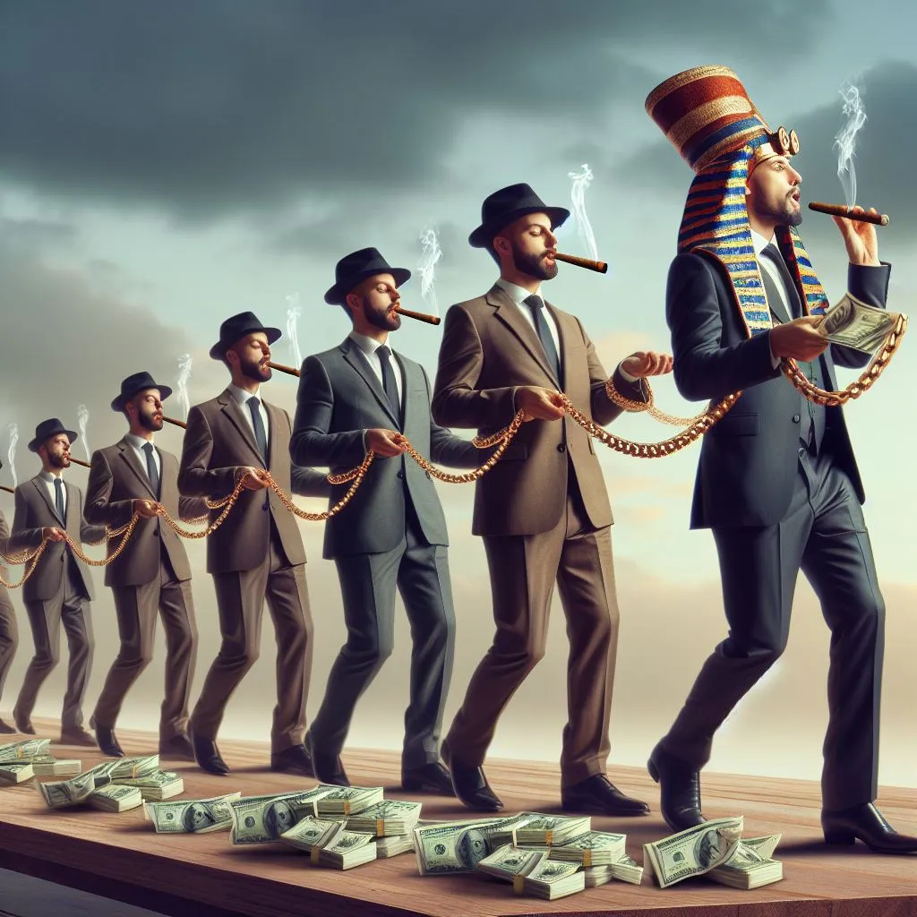 a group of men standing on top of a pile of money