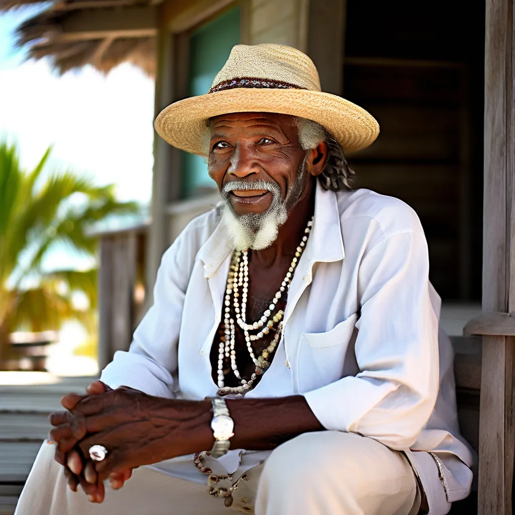 a man with a white beard wearing a hat and pearls