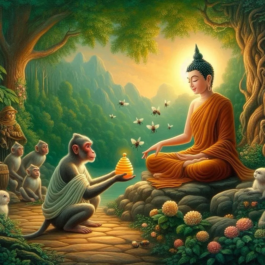  Lovely sangha bring fruits to offer to the Buddha every day , advertising style