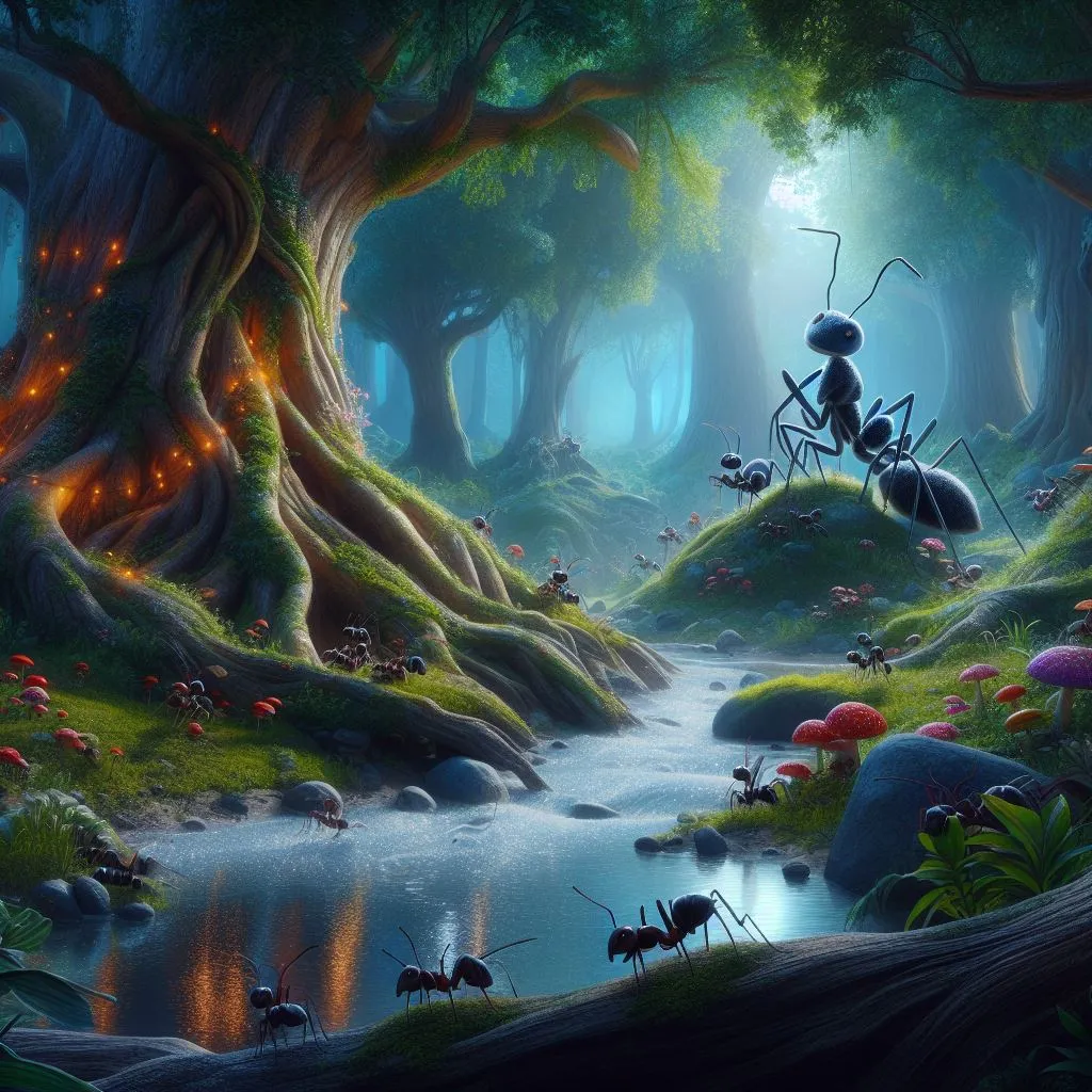 a painting of a forest scene with ants and fireflies