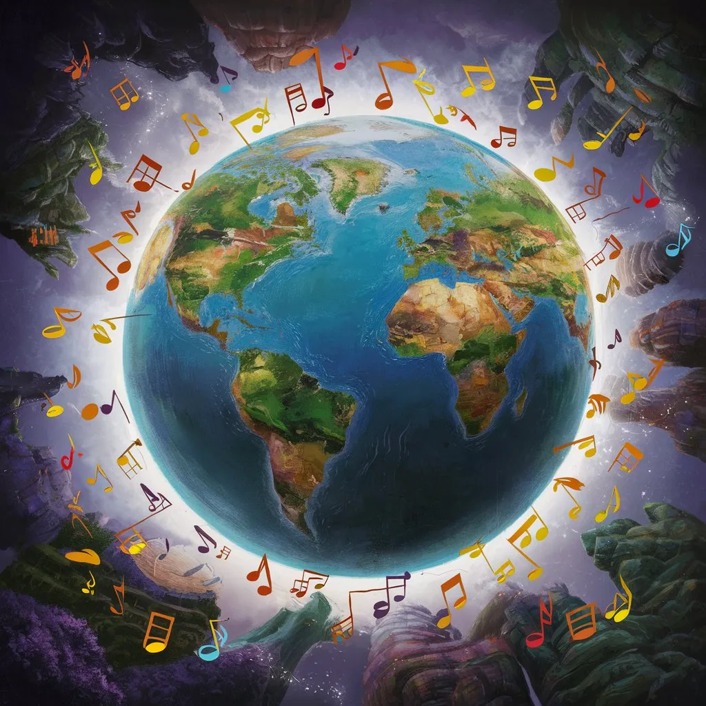 a painting of the earth surrounded by musical notes in a Disney-style animation 