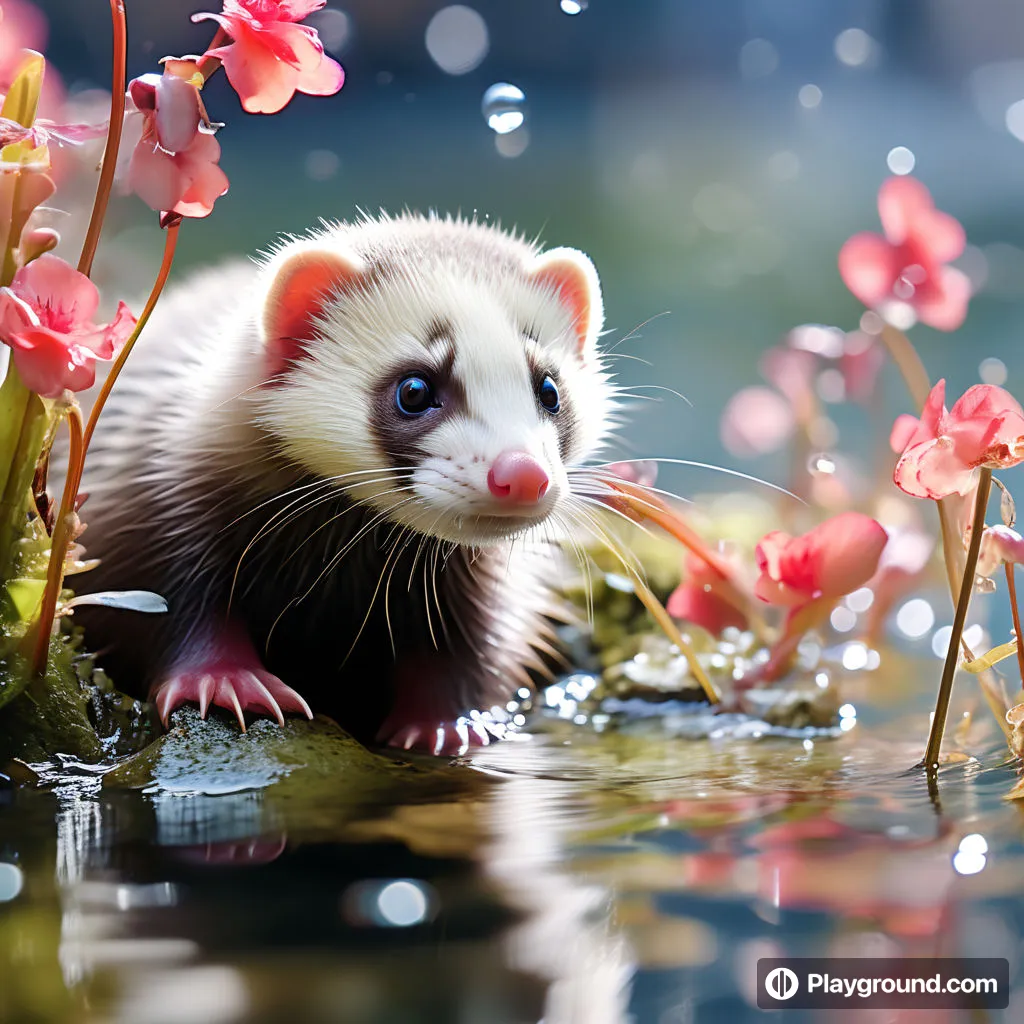 a ferret standing in a pond of water surrounded by pink flowers