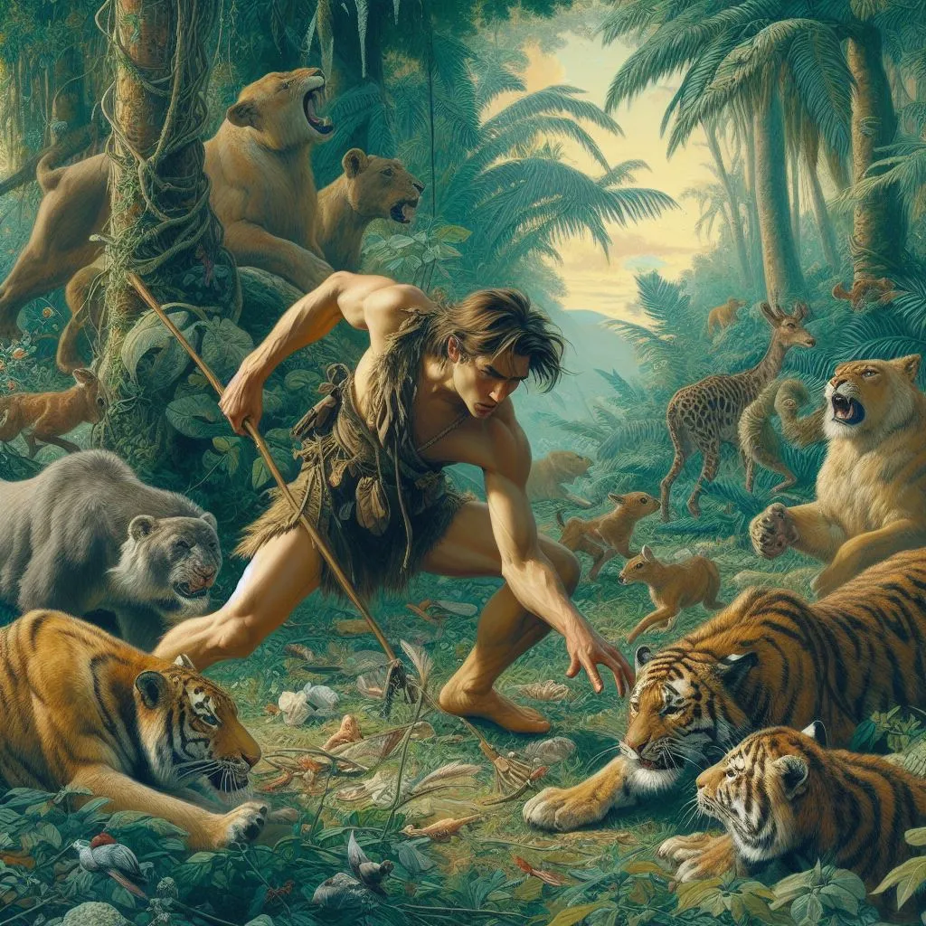 a painting of a man in the jungle surrounded by tigers