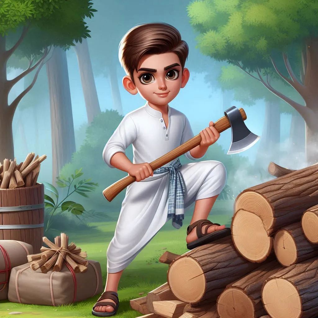 a handsome boy wearing white shirt and white dhoti cutting wood with axe 3D animation cartoon  