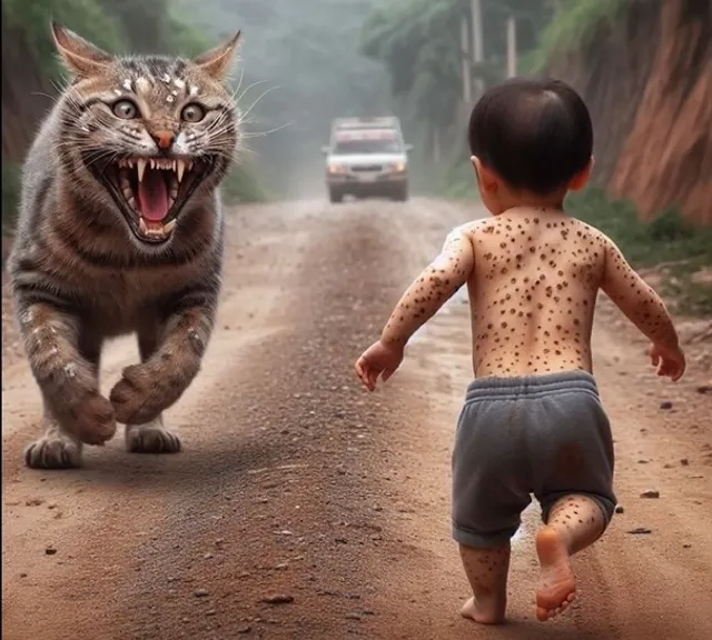 a little boy running towards a cat on a dirt road