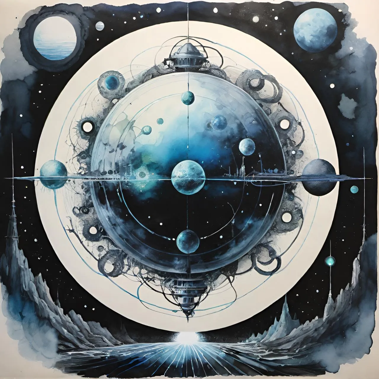 a painting of a space station surrounded by planets