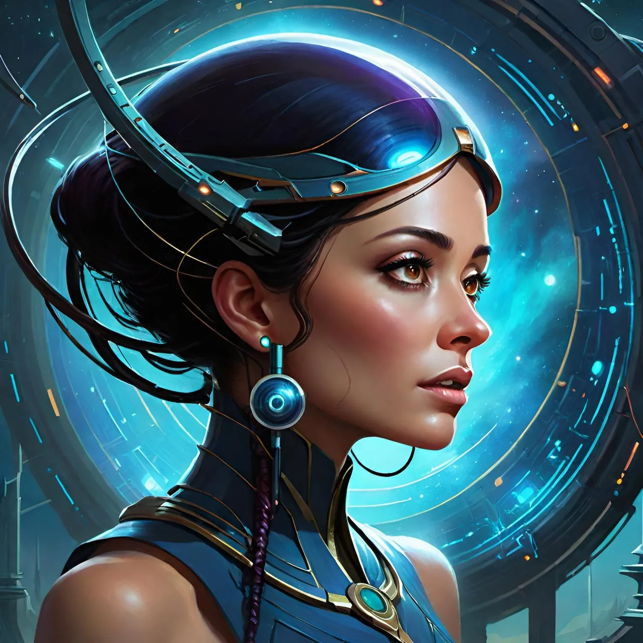 a painting of a woman with a futuristic headpiece