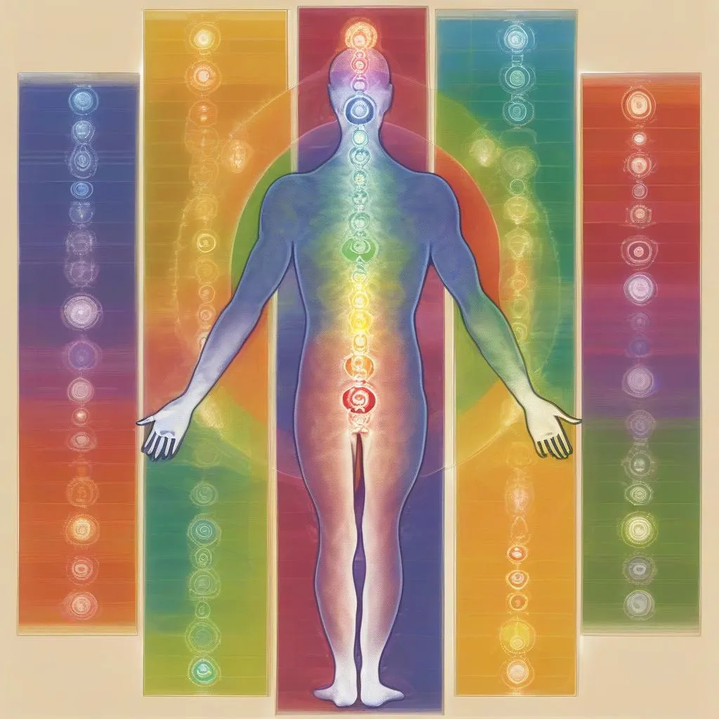 a man standing in front of seven chakras