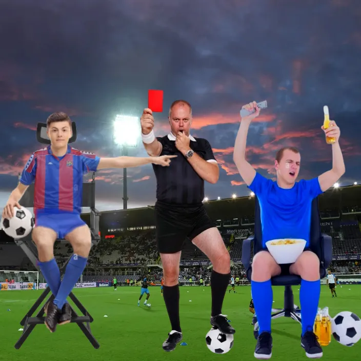 a group of people sitting on top of a soccer field,Referee who has 70's hair and a bit of sideburns sends off the player in the blue shirt for eating popcorn on a bun and a soda while the other player points at him with an accusatory face.