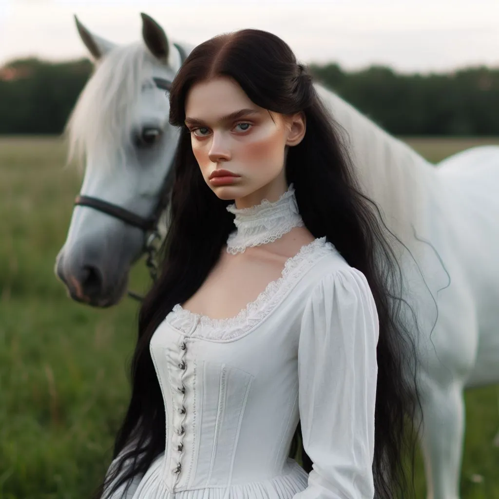 a woman in a white dress, smiling standing next to a white horse