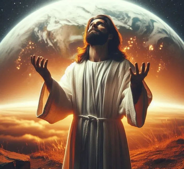 jesus standing in front of the earth with his hands in the air