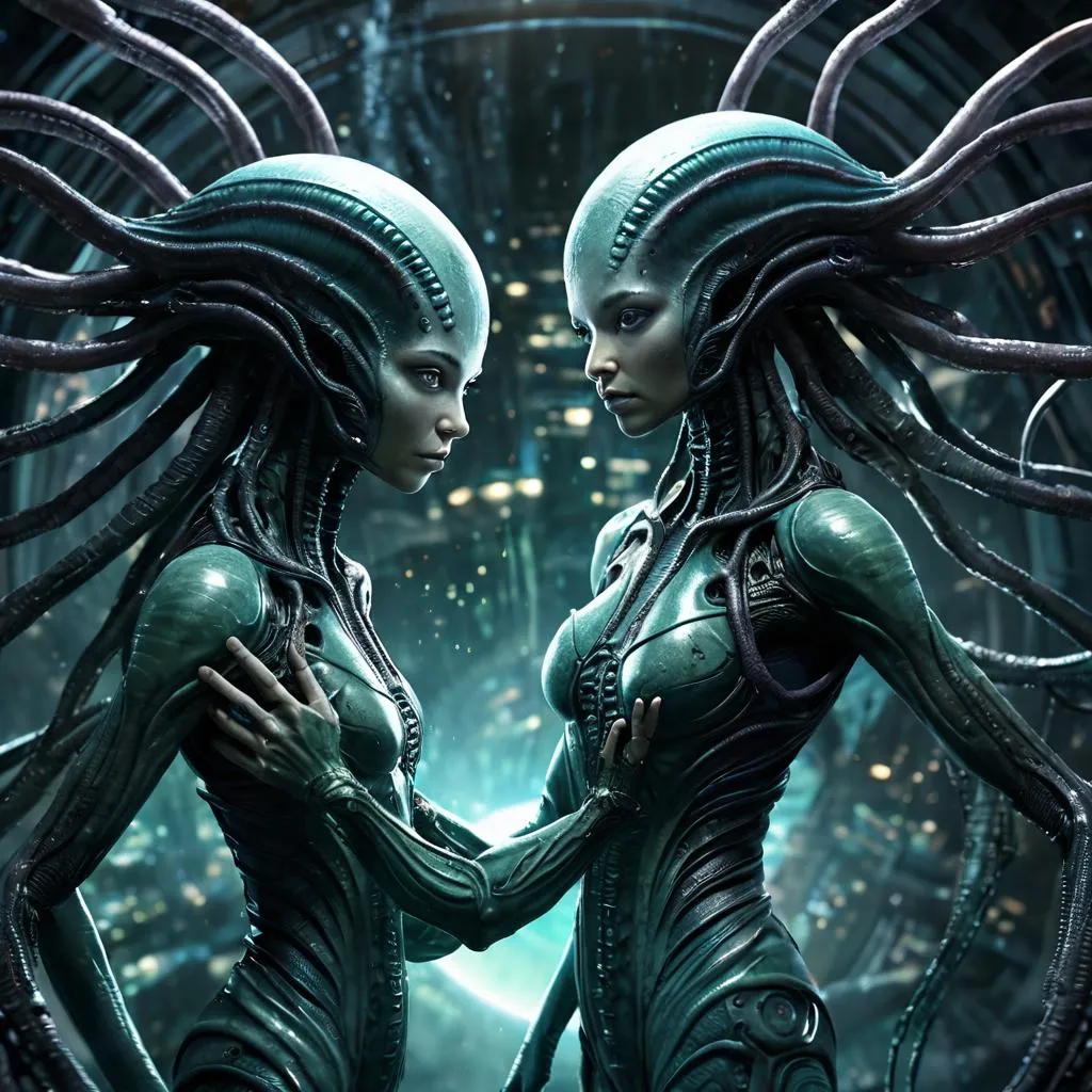 a couple of alien women standing next to each other