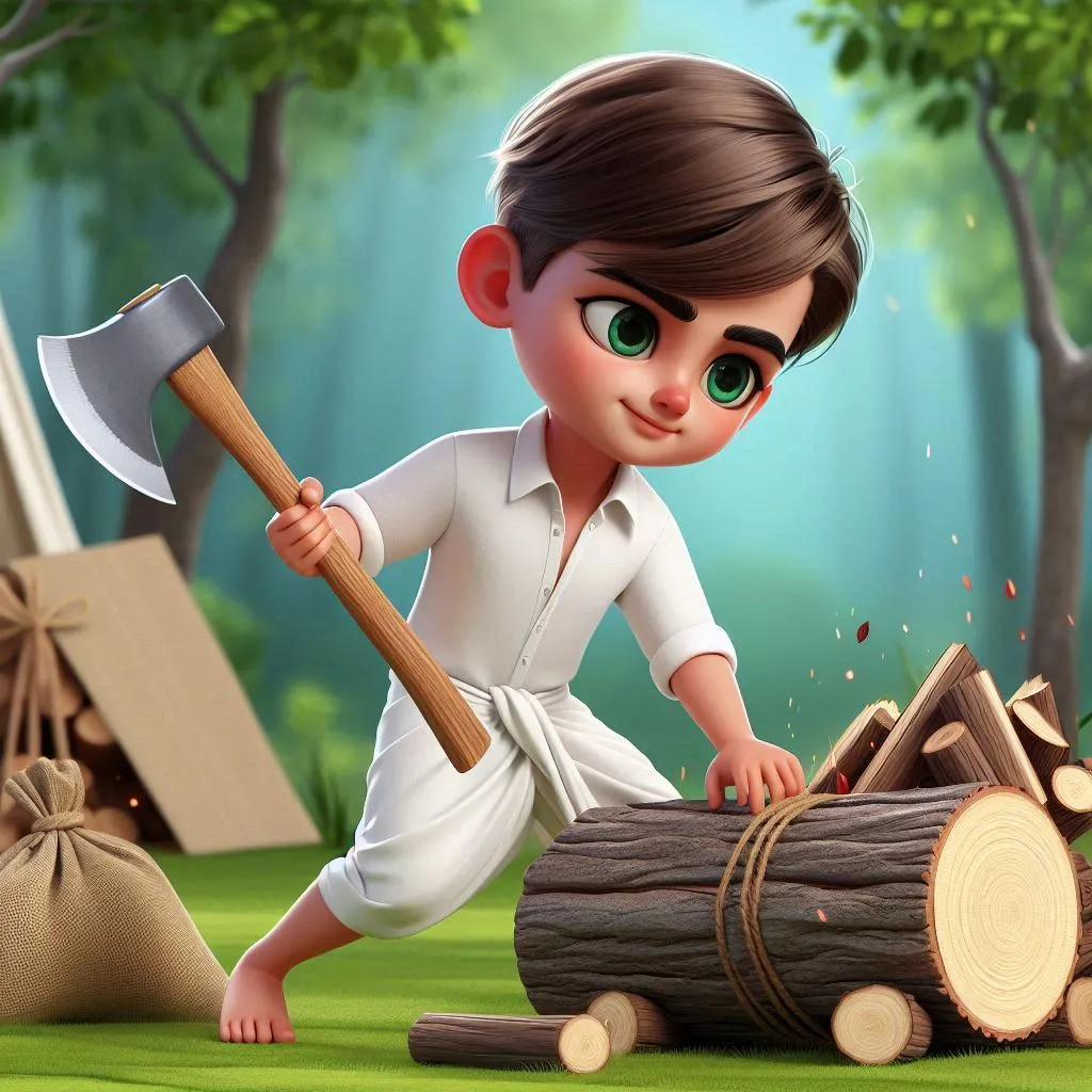 a handsome boy wearing white shirt and white dhoti cutting wood with axe 3D animation cartoon 