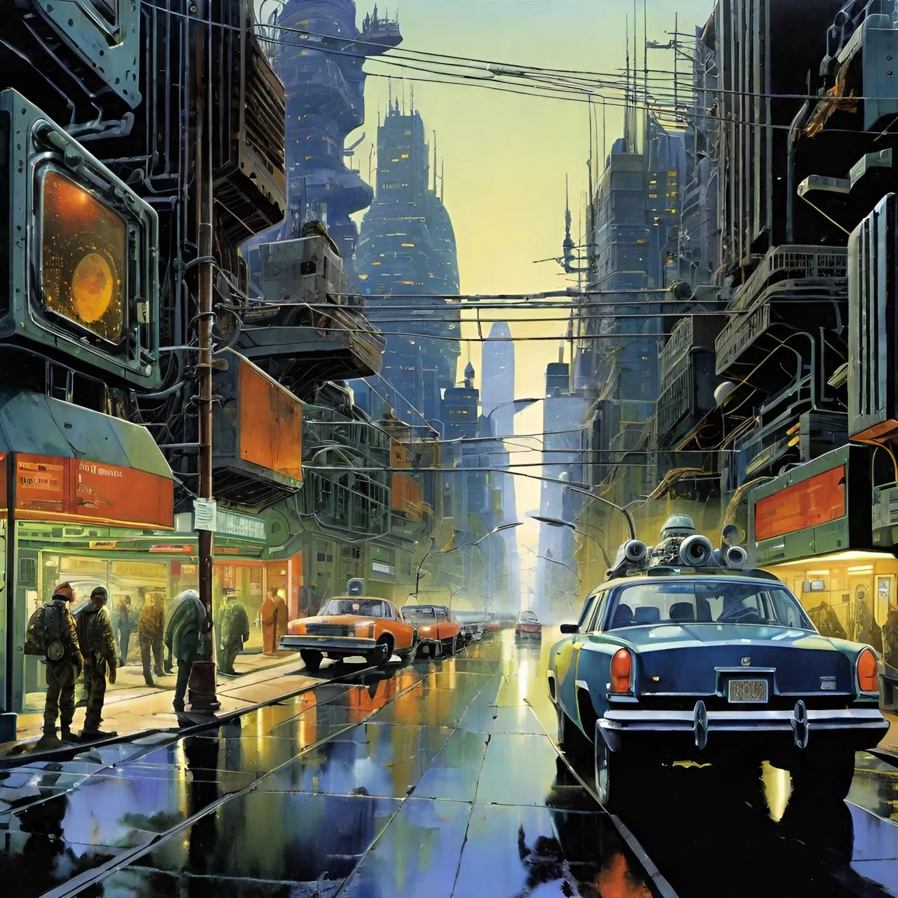 a painting of a city street filled with traffic