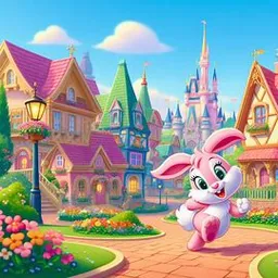 a cartoon bunny running through a park with a castle in the background