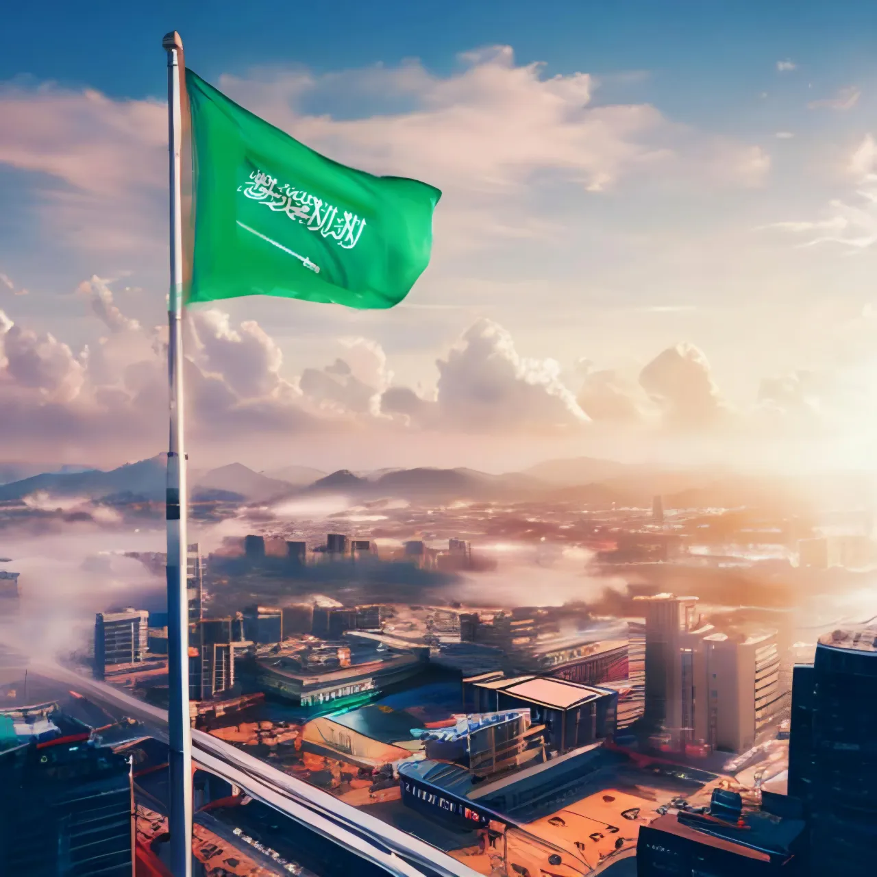 a large Saudi Arab flag flying over a city