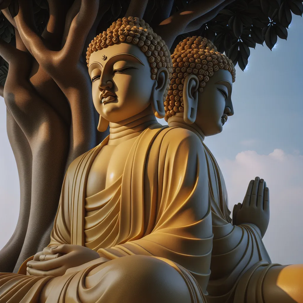 a buddha statue sitting next to a tree