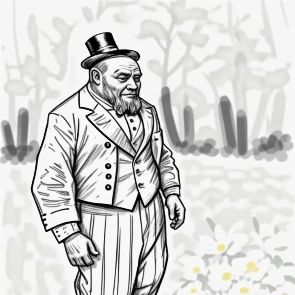 a drawing of a man in a suit and top hat