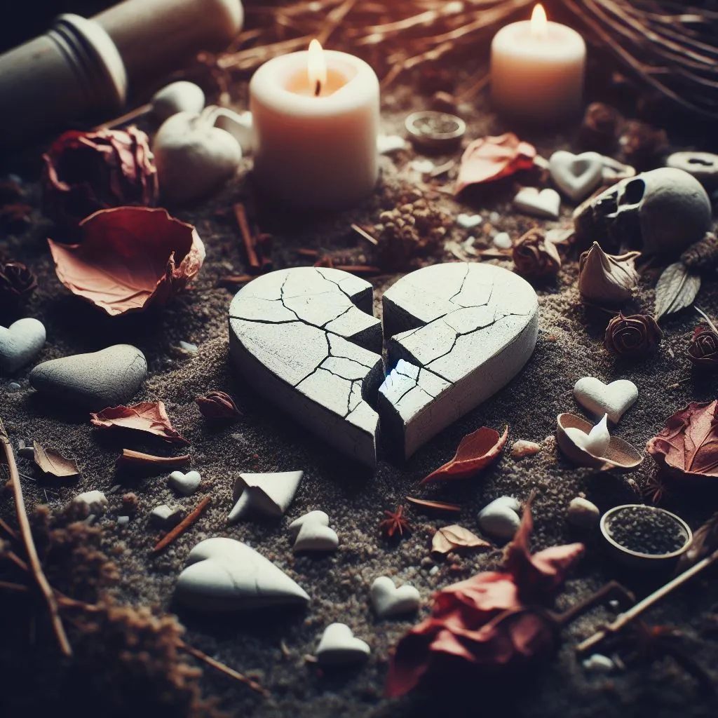 Symbolic imagery of broken hearts scattered on the ground, reinforcing the theme of heartbreak.