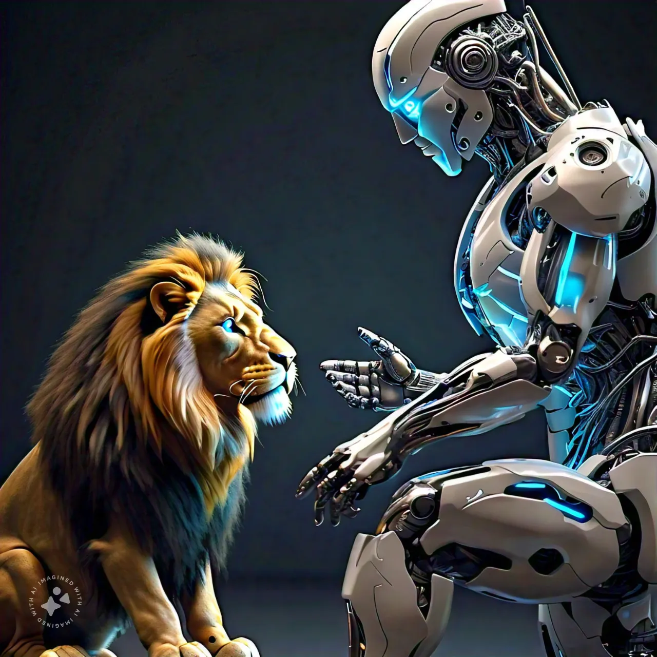 a lion and a robot are facing each other having an animated conversation