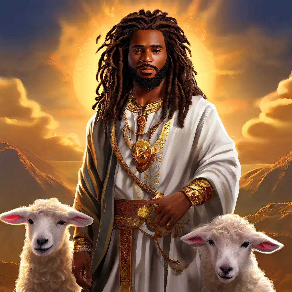 a painting of a man with two sheep