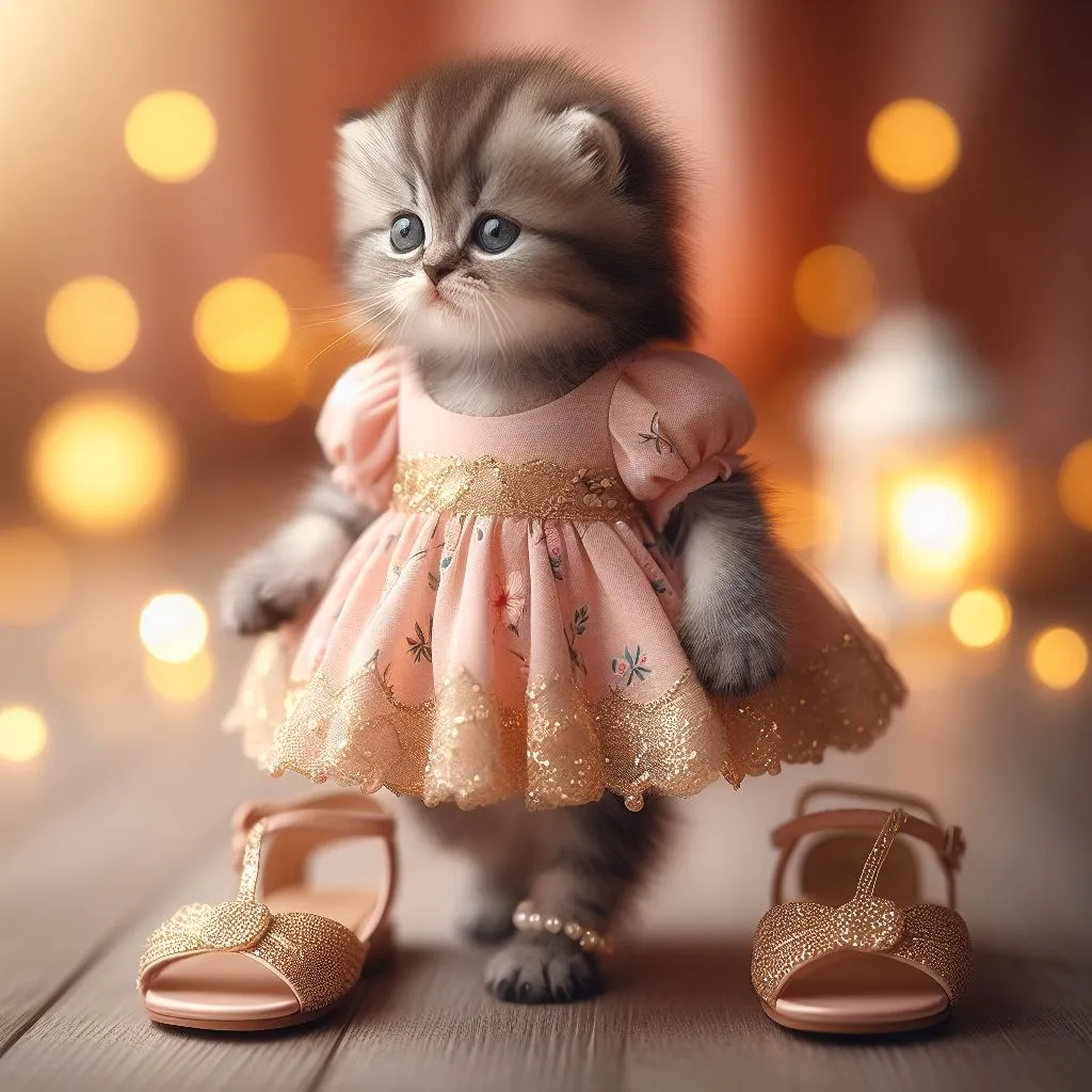 a small kitten wearing a pink dress and shoes