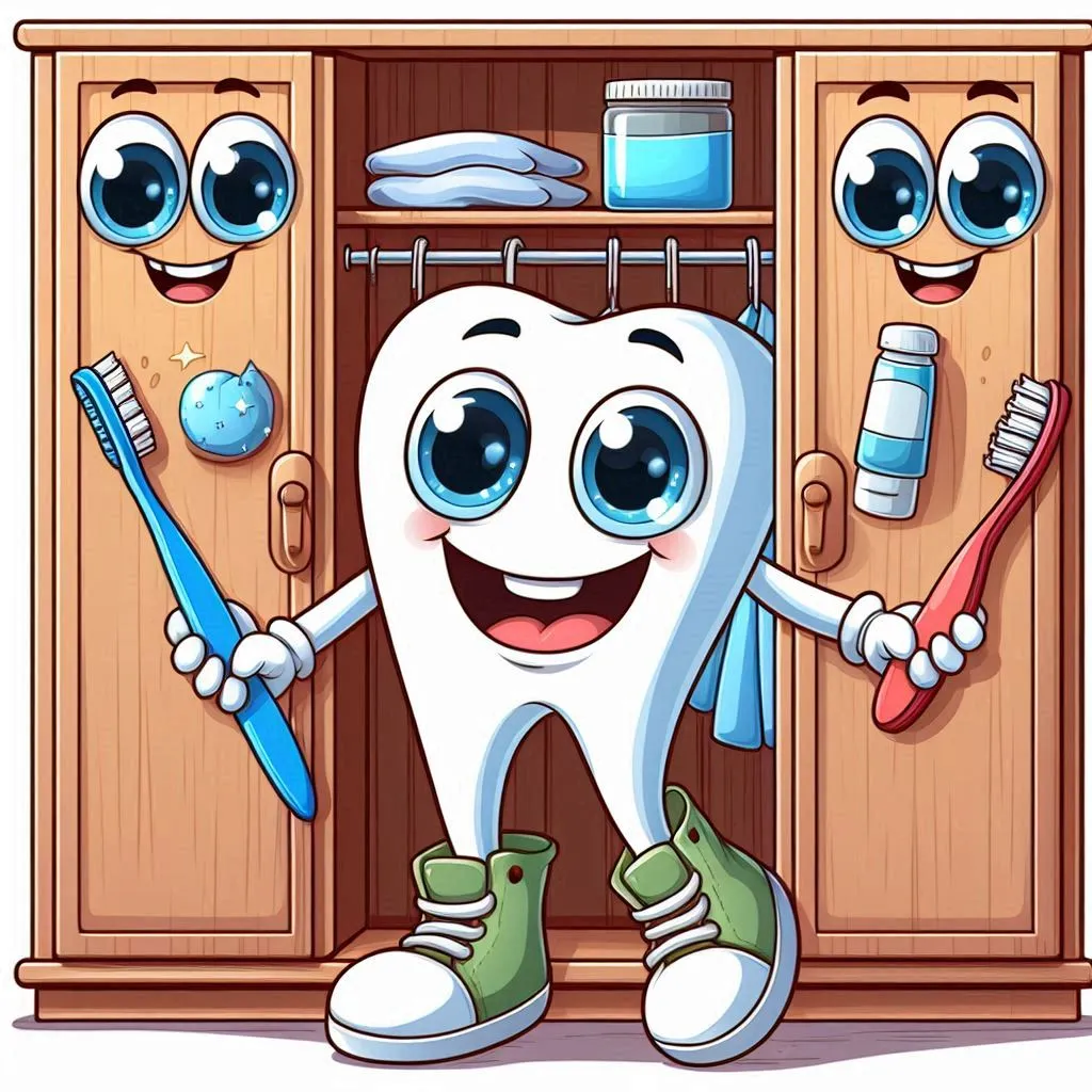 a cartoon tooth character holding a toothbrush and toothpaste