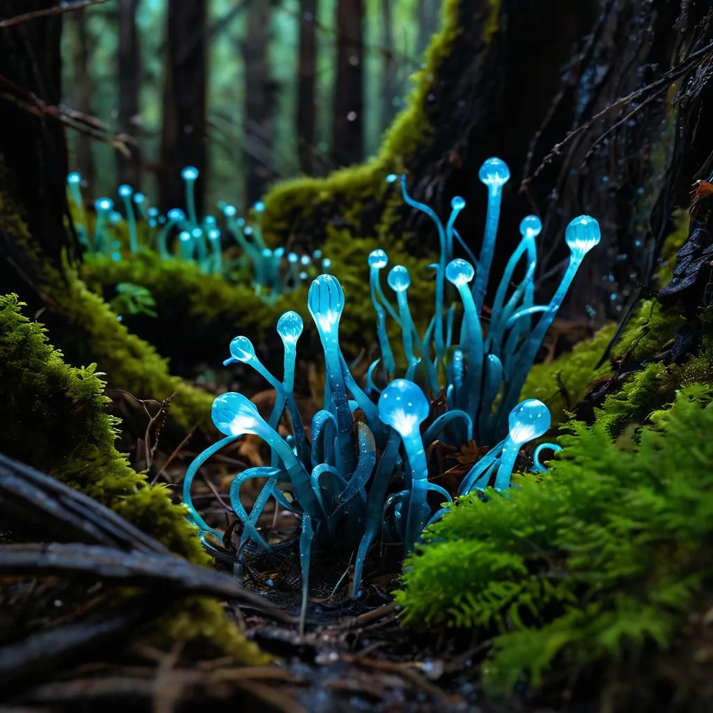 a group of blue mushrooms in the woods