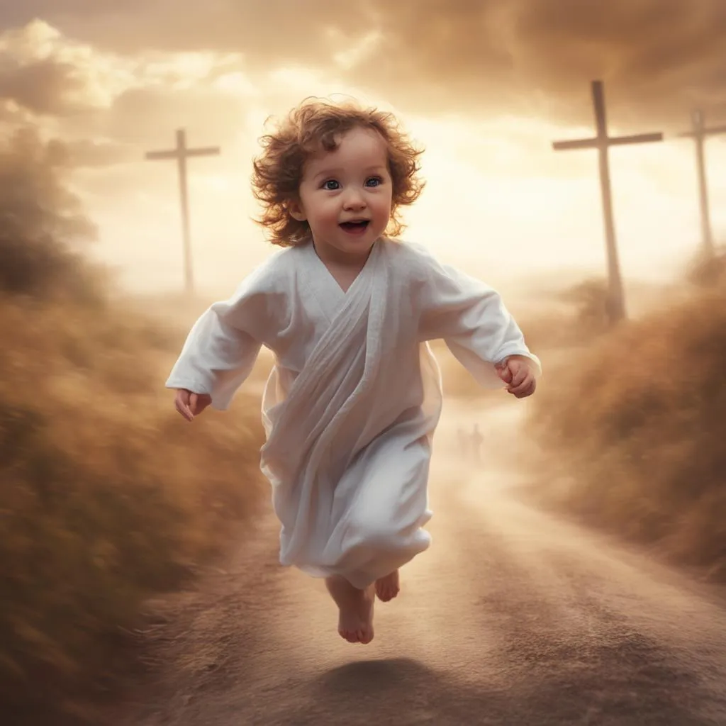 a young child running down a dirt road