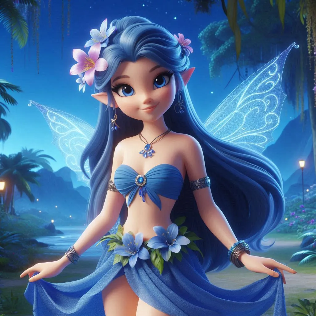  a beautiful fairy with blue hair wearing blue lehehenga smiling ,flower  on the head in the jungle at night   standng barefoot 3D animation cartoon zoom out 