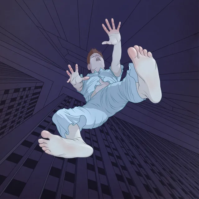 a person falling off of a building in the air, cyberpunk, lofi, neo tokyo, cinematic, matrix style, epic, vibrant