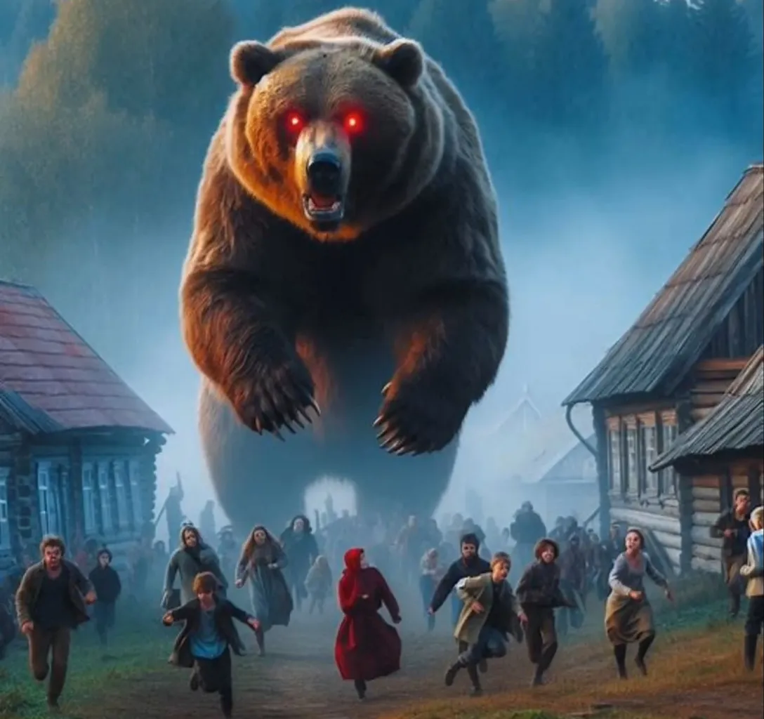  crowd of people running away from a large brown bear with red eyes