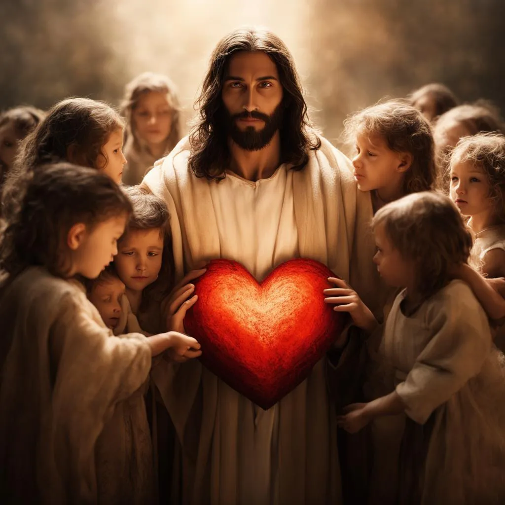 jesus holding a heart surrounded by children