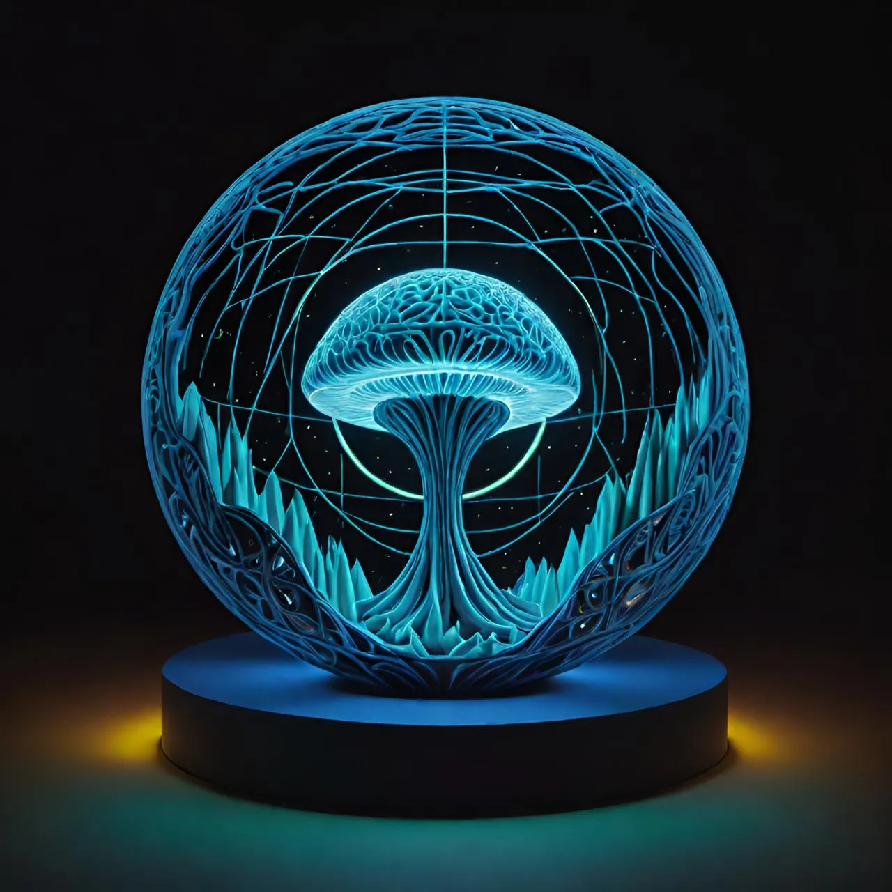 a blue illuminated orb with a mushroom on it