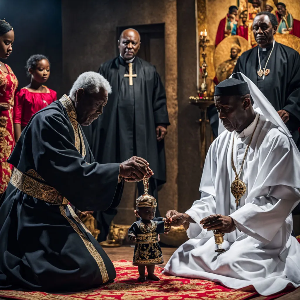 A scene of a traditional exorcism with a priest sprinkling holy water on the doll, while the family watches in tense anticipation.