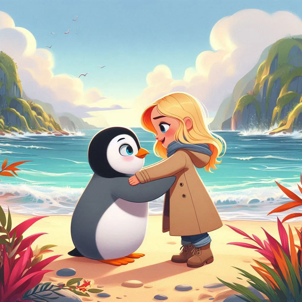 a girl hugging a penguin on the beach