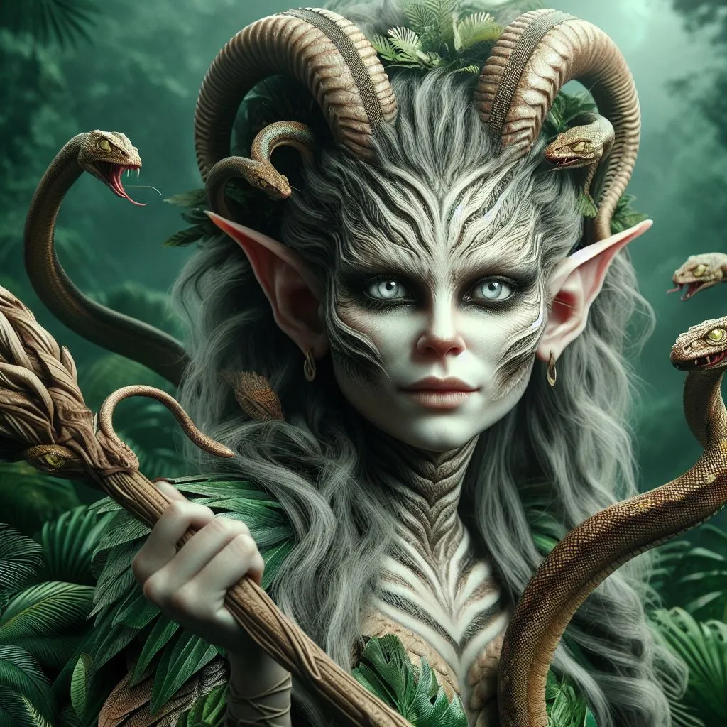 A woman with ram horns standing in a magical forest filled with glowing mushrooms, holding the crescent moon in her hand