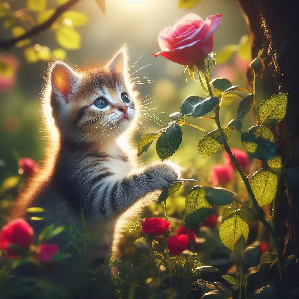 a small kitten standing on its hind legs next to a rose