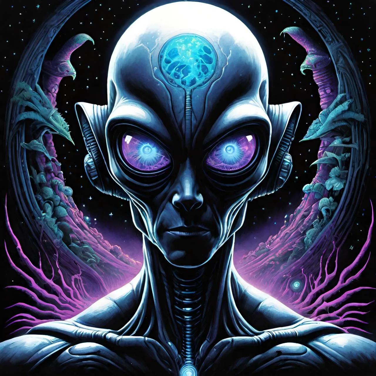 a painting of an alien with blue eyes