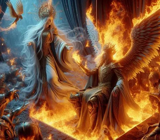 a painting of an angel sitting on a throne surrounded by fire