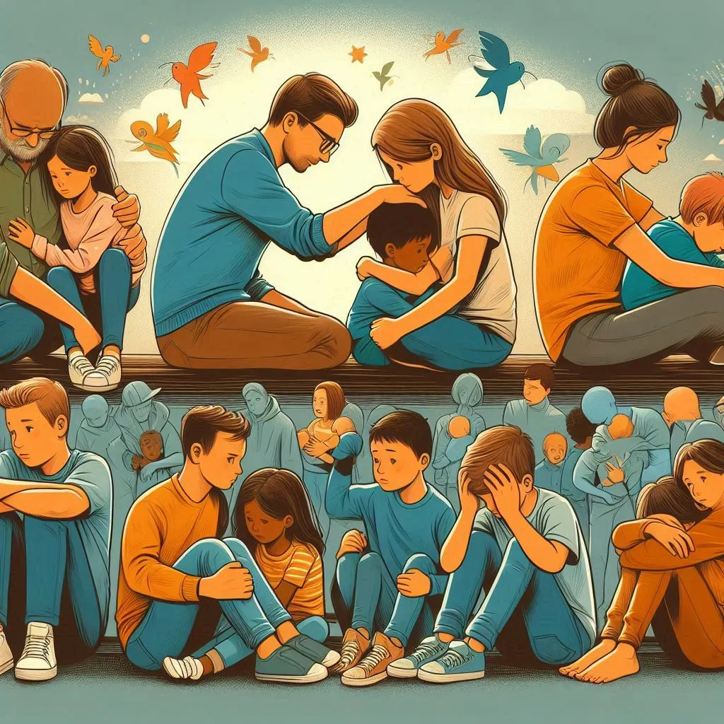 Images of friendship and solidarity as adults support a group of children in their difficult times and moments of growth